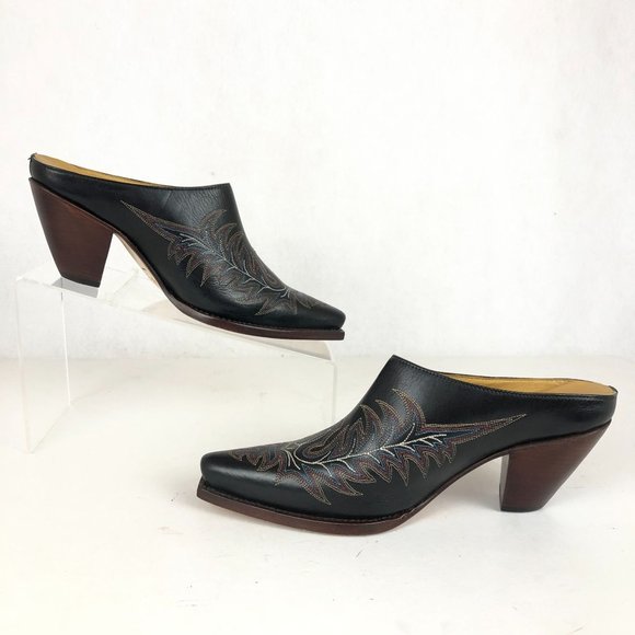 Lucchese Black Leather Mules with Embroidered Design - Picture 3 of 11